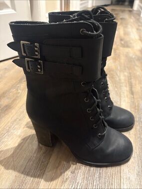 Chinese Laundry Black Lace-Up Buckle Heeled Ankle Boots